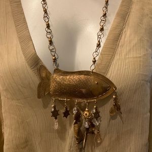 Vintage Gold Tone Fish Pendant Necklace with Dangling Beads and Fish Charms